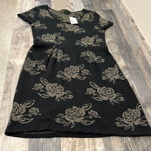 T/O Sweater Dress Black with Gold Roses (M) new